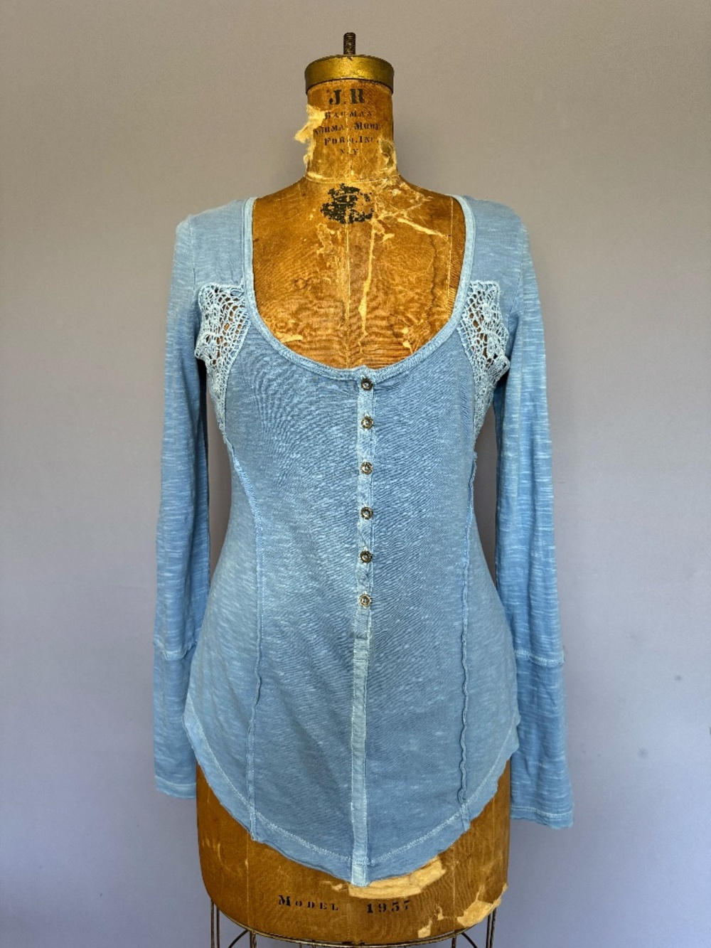 Free People Keepsake Long Sleeve Crochet-Inset Henley — French Blue, Size S, NWT